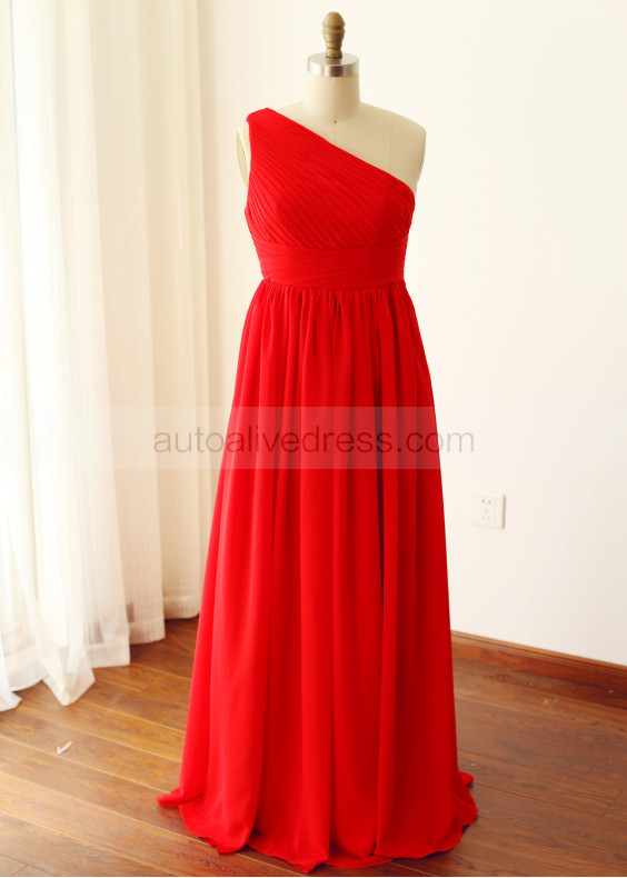 Red One Shoulder Long Chiffon Bridesmaid Dress